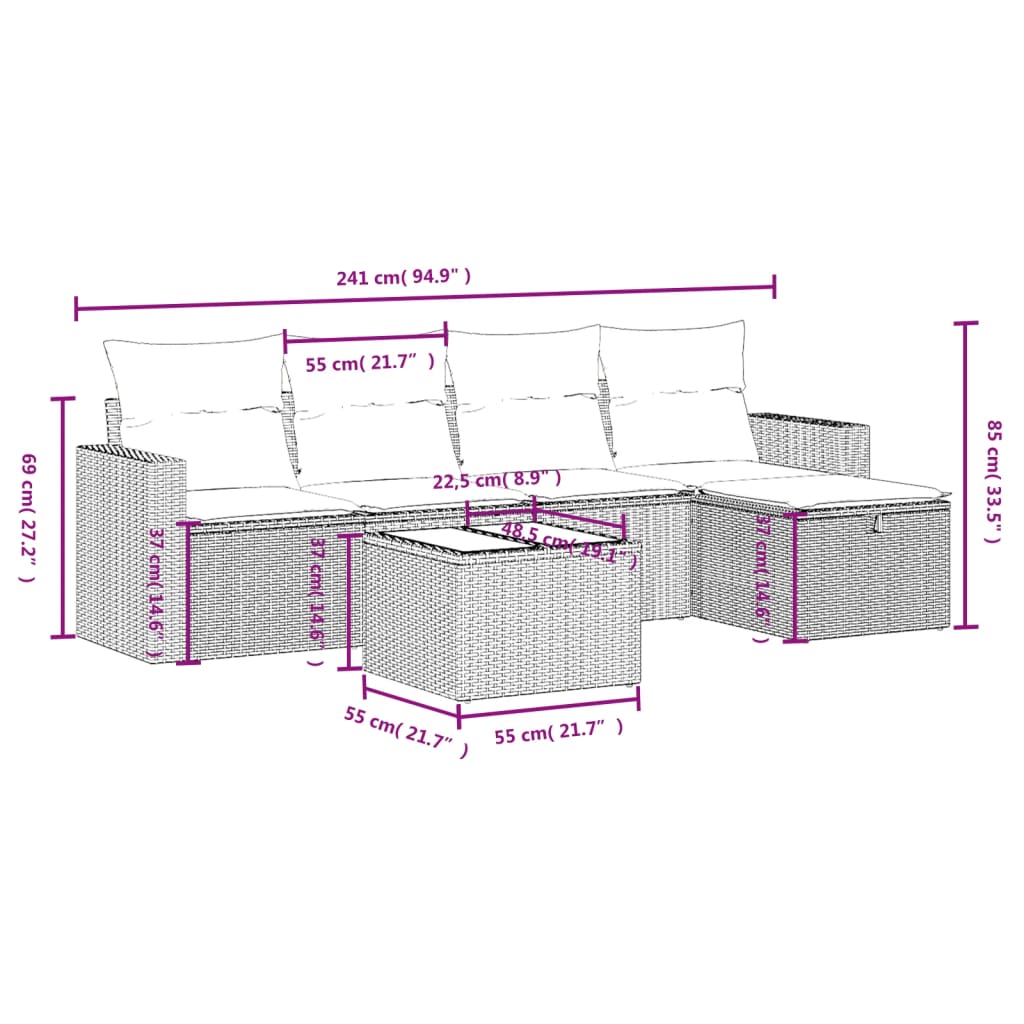 Set mobilier de grădină cu perne, 6 piese, negru, poliratan 3263472 - imagine 4