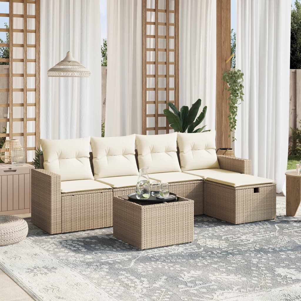 6-tlg. Garten-Sofagarnitur mit Kissen Beige Poly Rattan