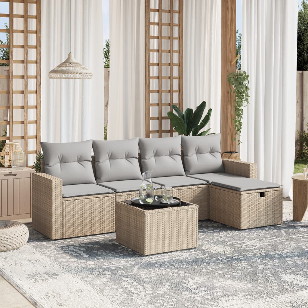 vidaXL 6-tlg. Garten-Sofagarnitur mit Kissen Beige Poly Rattan