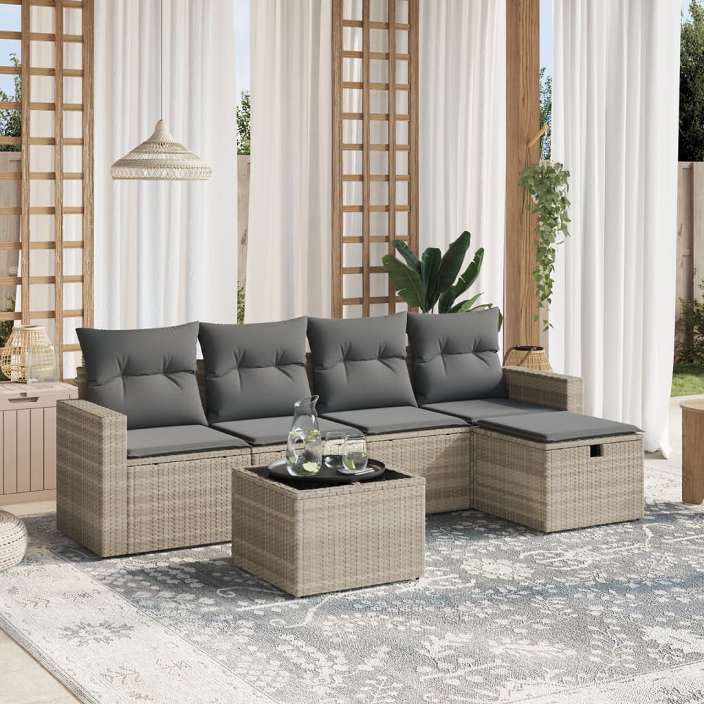 6-tlg. Garten-Sofagarnitur mit Kissen Hellgrau Poly Rattan