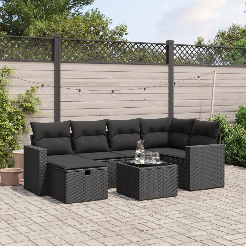 vidaXL 7-tlg. Garten-Sofagarnitur mit Kissen Schwarz Poly Rattan