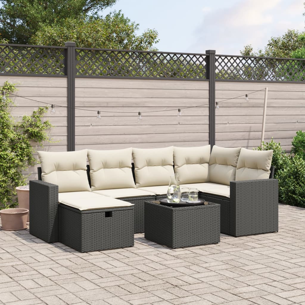 vidaXL 7-tlg. Garten-Sofagarnitur mit Kissen Schwarz Poly Rattan