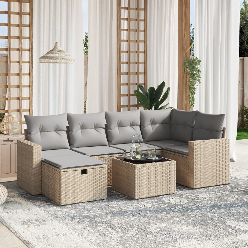 7-tlg. Garten-Sofagarnitur mit Kissen Beige Poly Rattan