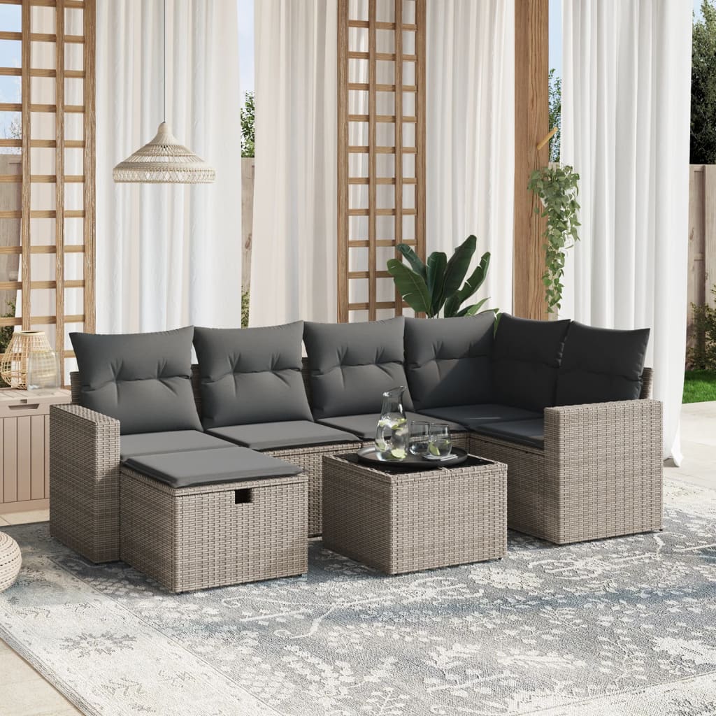 vidaXL 7-tlg. Garten-Sofagarnitur mit Kissen Grau Poly Rattan