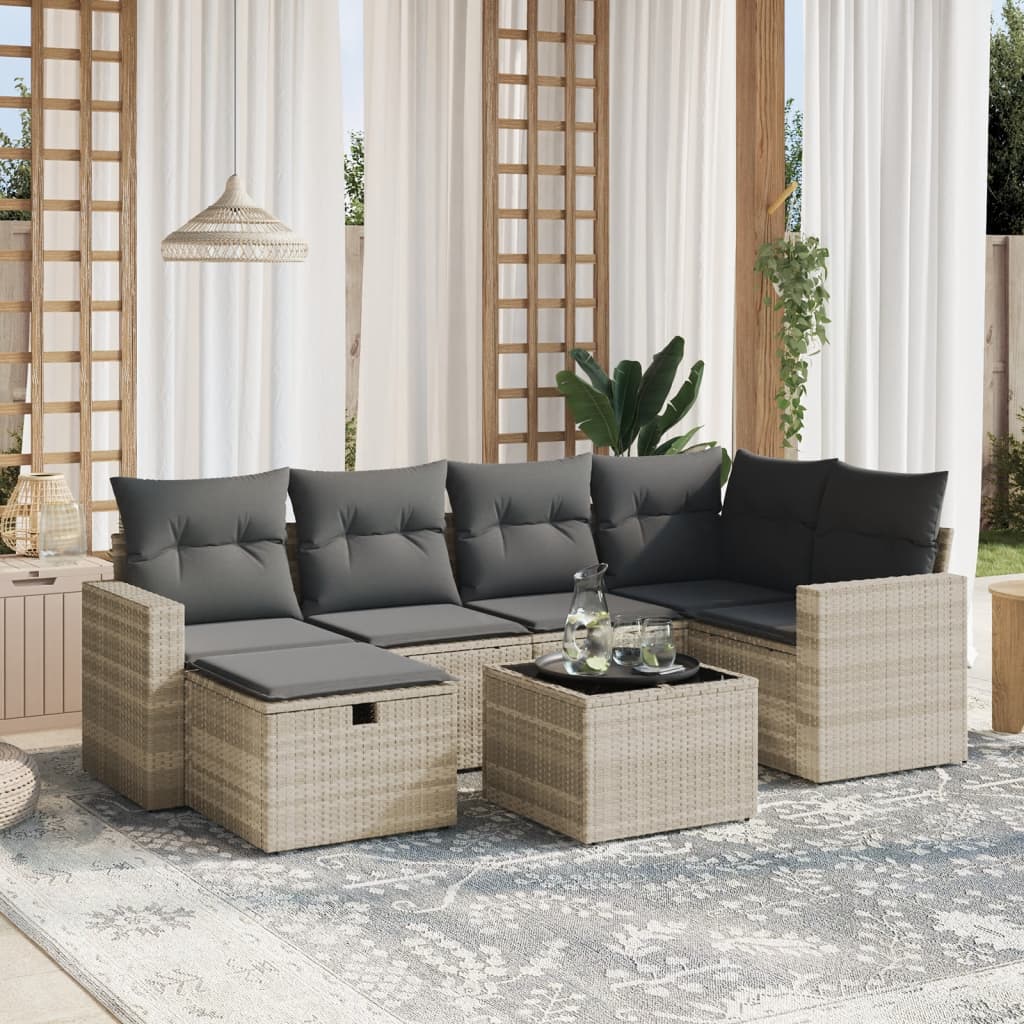 7-tlg. Garten-Sofagarnitur mit Kissen Hellgrau Poly Rattan