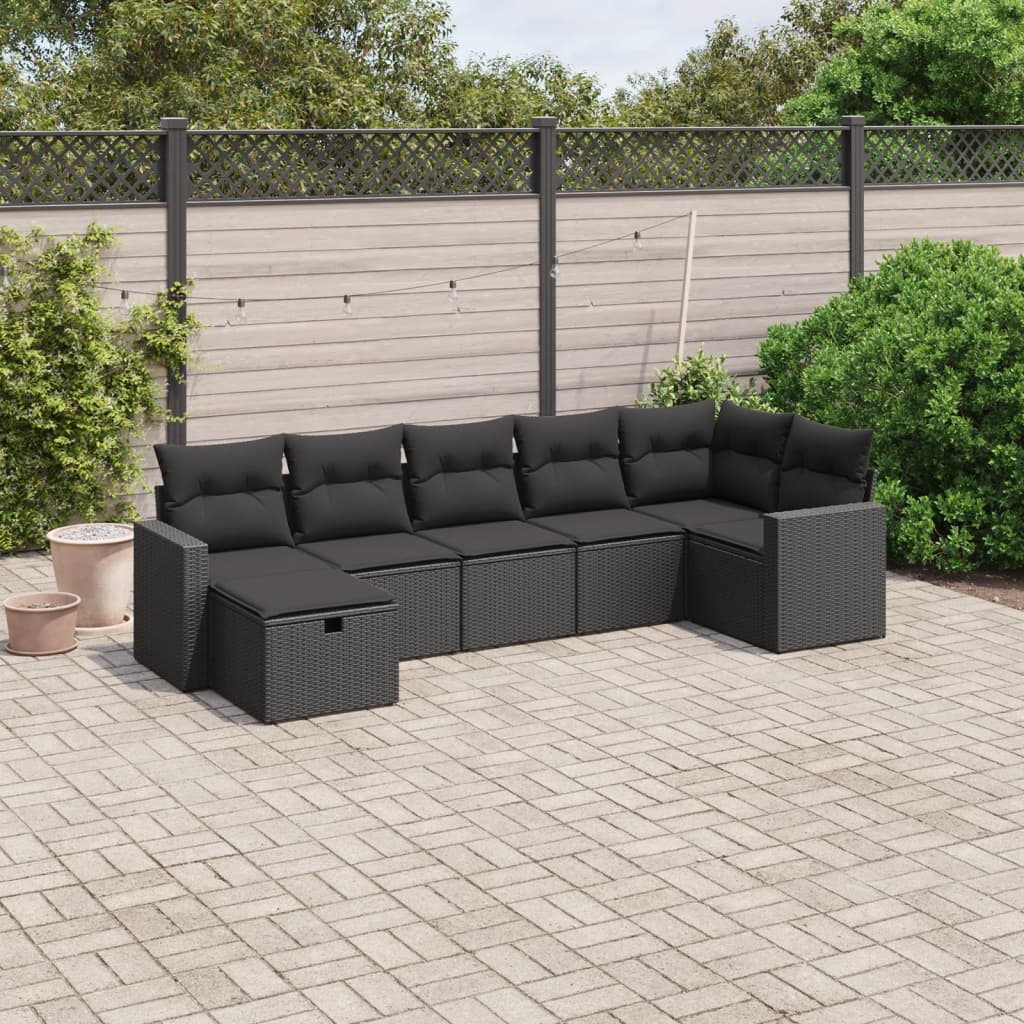 vidaXL 7-tlg. Garten-Sofagarnitur mit Kissen Schwarz Poly Rattan