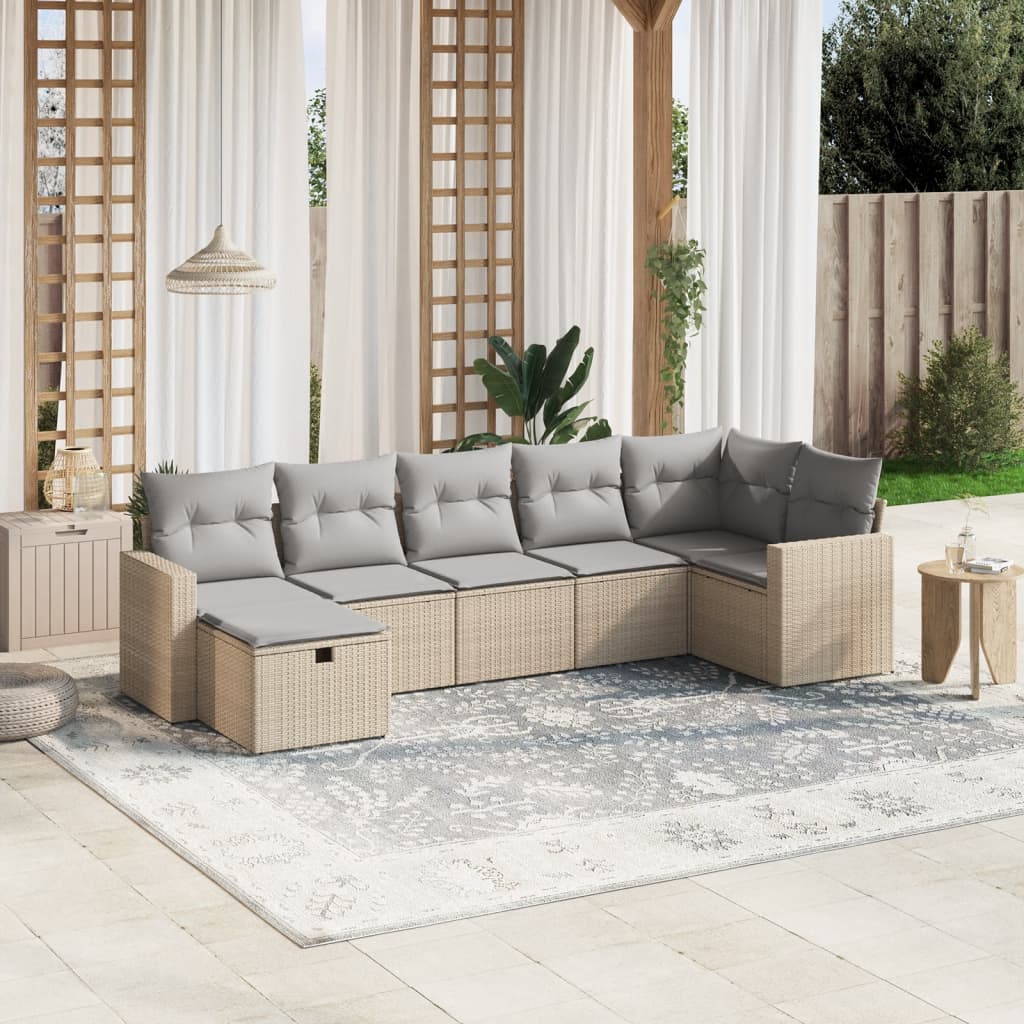 vidaXL 7-tlg. Garten-Sofagarnitur mit Kissen Beige Poly Rattan