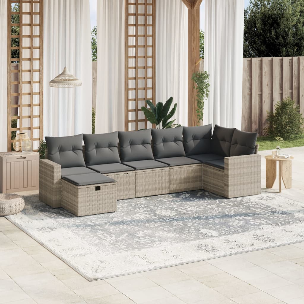 vidaXL 7-tlg. Garten-Sofagarnitur mit Kissen Hellgrau Poly Rattan