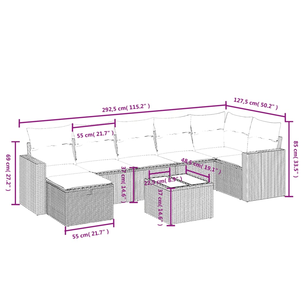 Set mobilier de grădină cu perne, 8 piese, negru, poliratan 3263512 - imagine 4