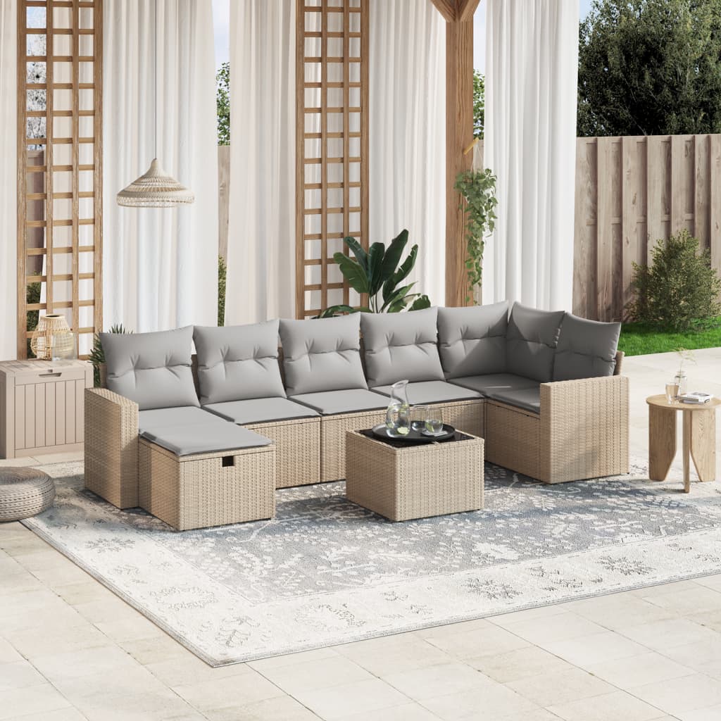 vidaXL 8-tlg. Garten-Sofagarnitur mit Kissen Beige Poly Rattan