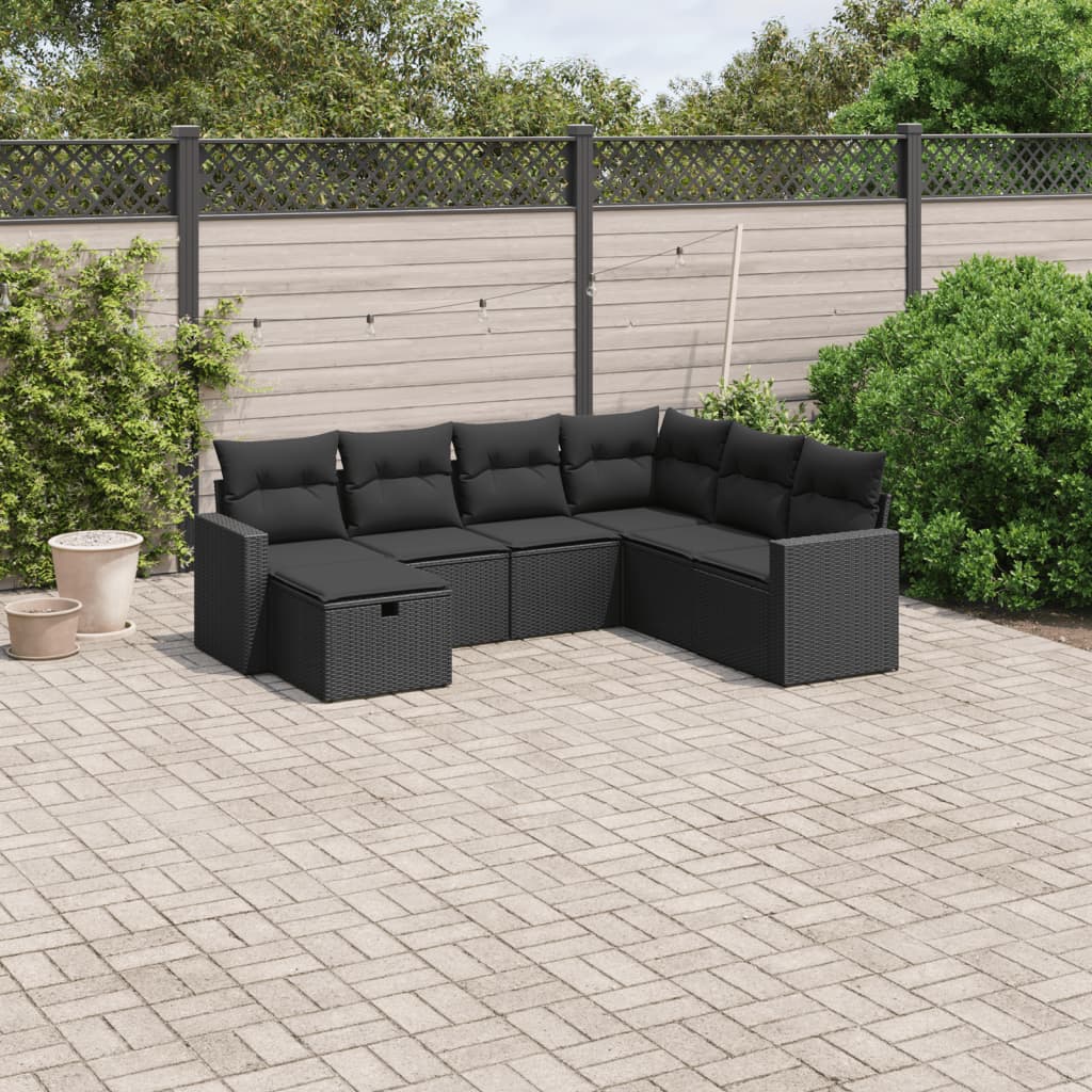 vidaXL 7-tlg. Garten-Sofagarnitur mit Kissen Schwarz Poly Rattan