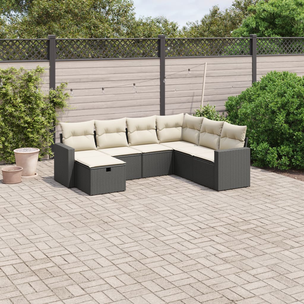 vidaXL 7-tlg. Garten-Sofagarnitur mit Kissen Schwarz Poly Rattan