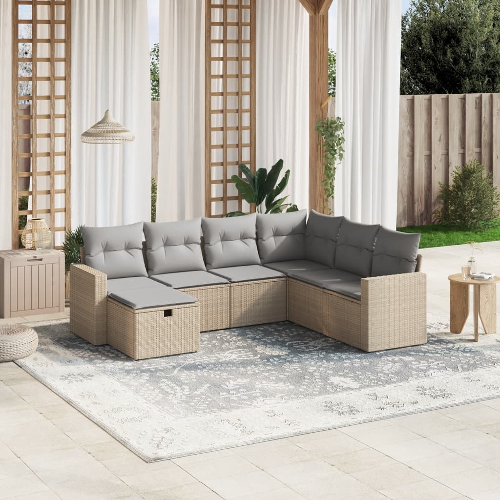 7-tlg. Garten-Sofagarnitur mit Kissen Beige Poly Rattan