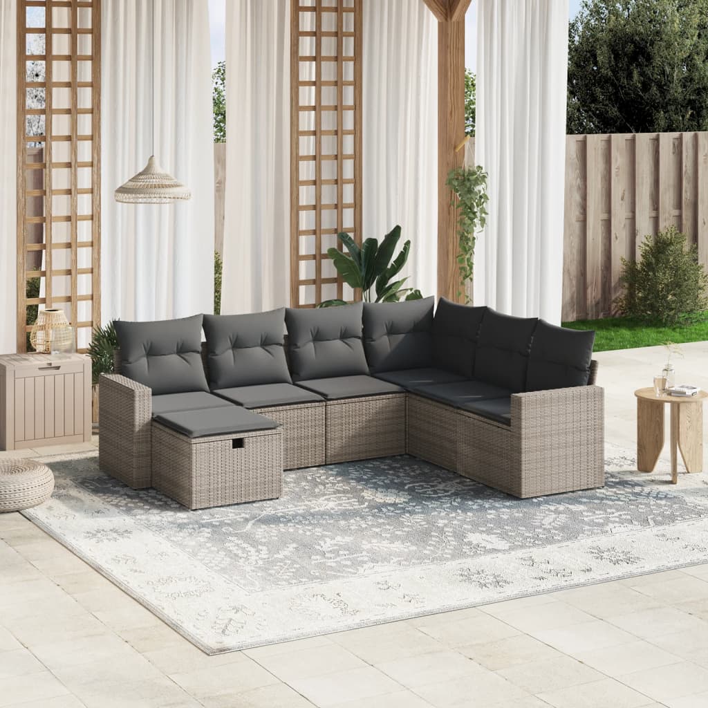 vidaXL 7-tlg. Garten-Sofagarnitur mit Kissen Grau Poly Rattan