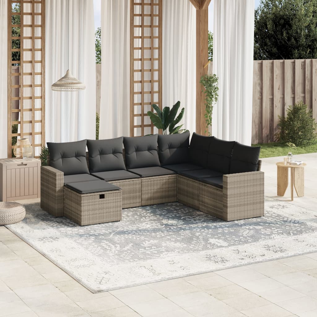 vidaXL 7-tlg. Garten-Sofagarnitur mit Kissen Hellgrau Poly Rattan