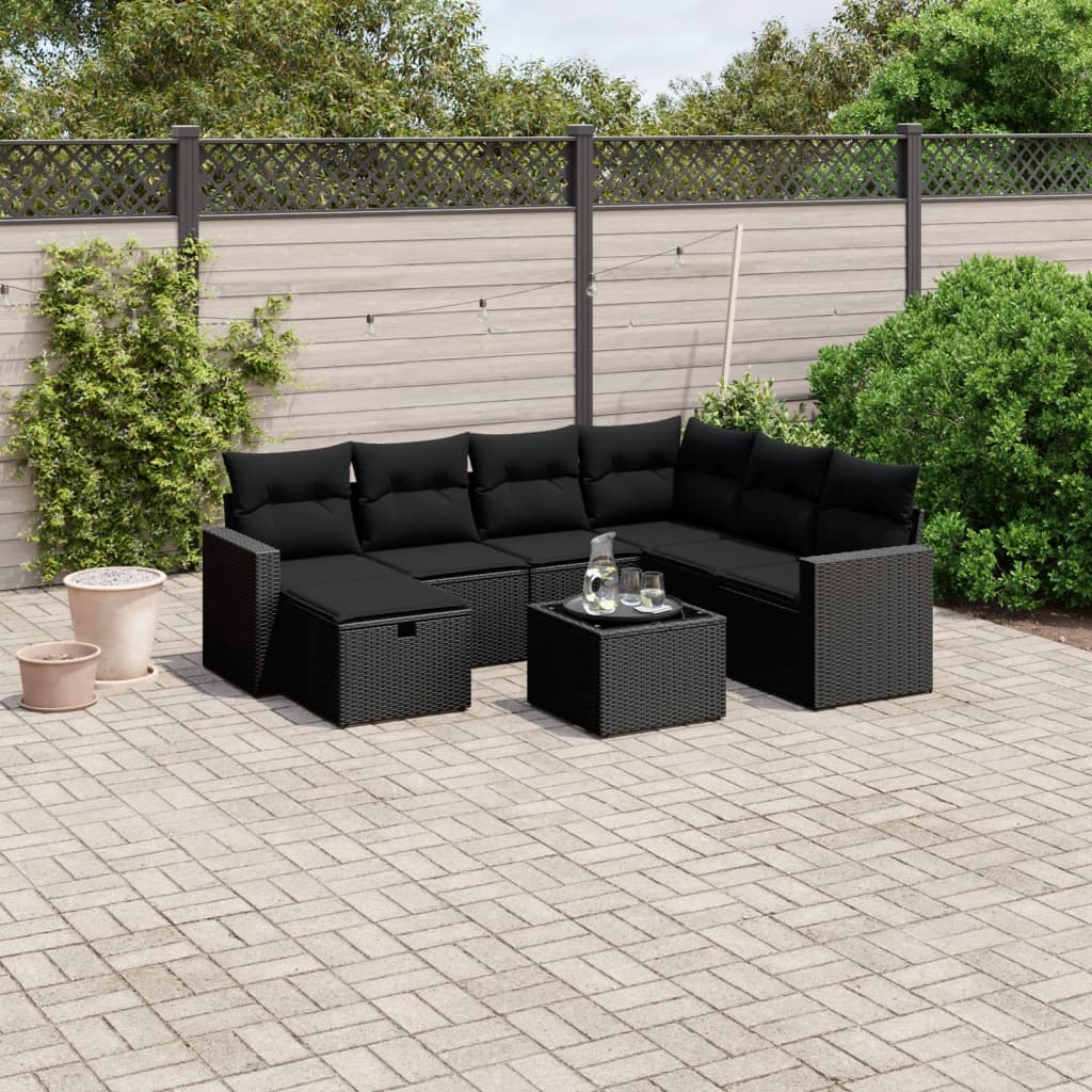 8-tlg. Garten-Sofagarnitur mit Kissen Schwarz Poly Rattan