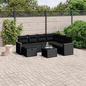 Vrtna sedežna garnitura 8-delna z blazinami črn poli ratan