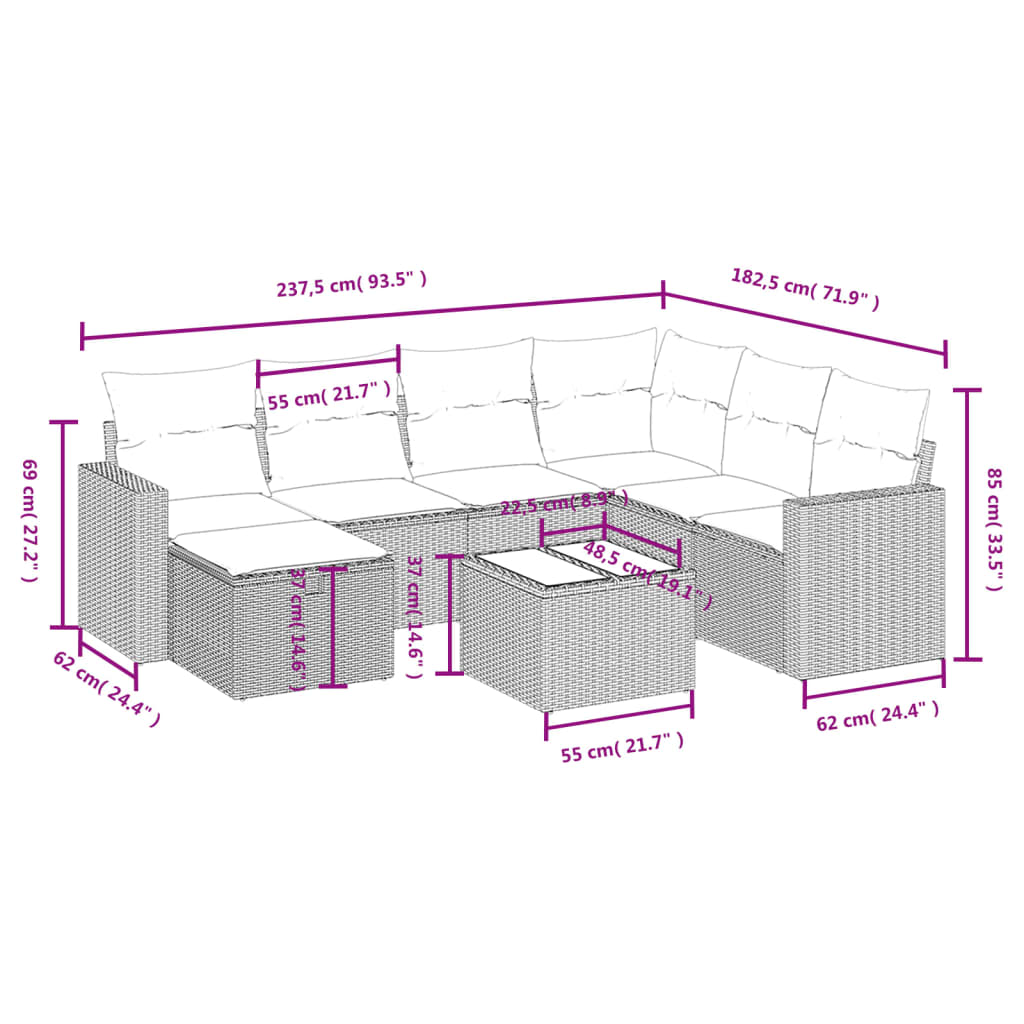 Set mobilier de grădină cu perne, 8 piese, negru, poliratan 3263532 - imagine 4