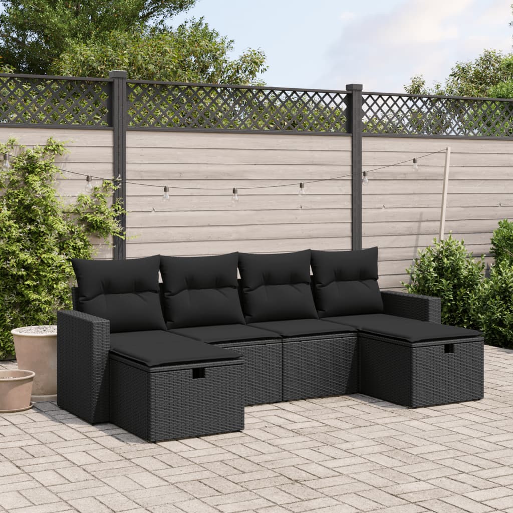 vidaXL 6-tlg. Garten-Sofagarnitur mit Kissen Schwarz Poly Rattan