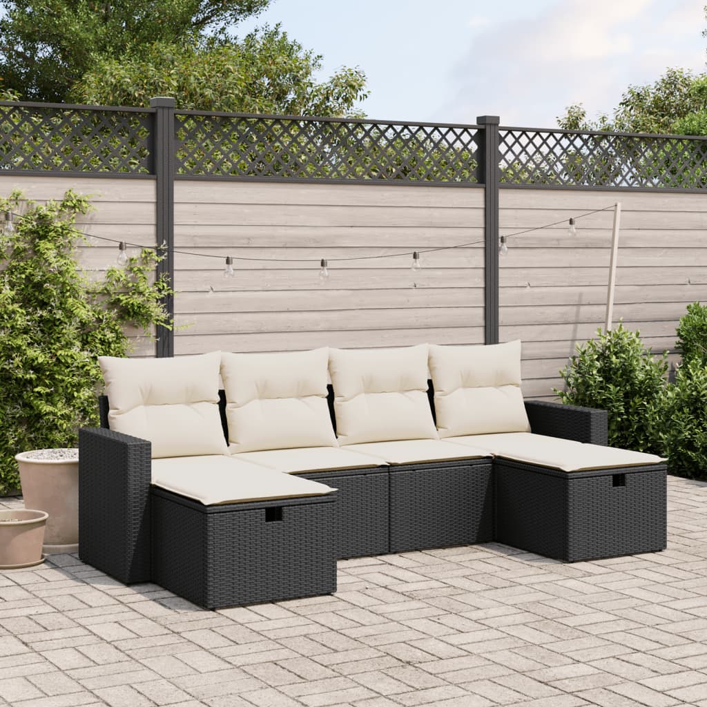 vidaXL 6-tlg. Garten-Sofagarnitur mit Kissen Schwarz Poly Rattan