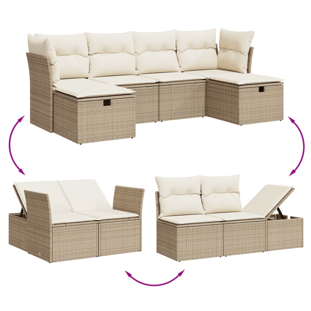 vidaXL 6-delige Loungeset met kussens poly rattan beige