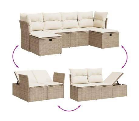 vidaXL 6-tlg. Garten-Sofagarnitur mit Kissen Beige Poly Rattan