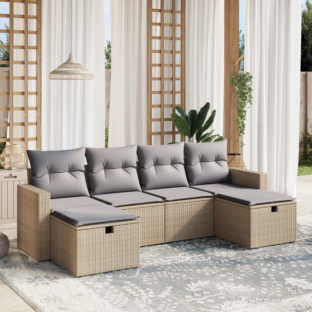 vidaXL 6-tlg. Garten-Sofagarnitur mit Kissen Beige Poly Rattan