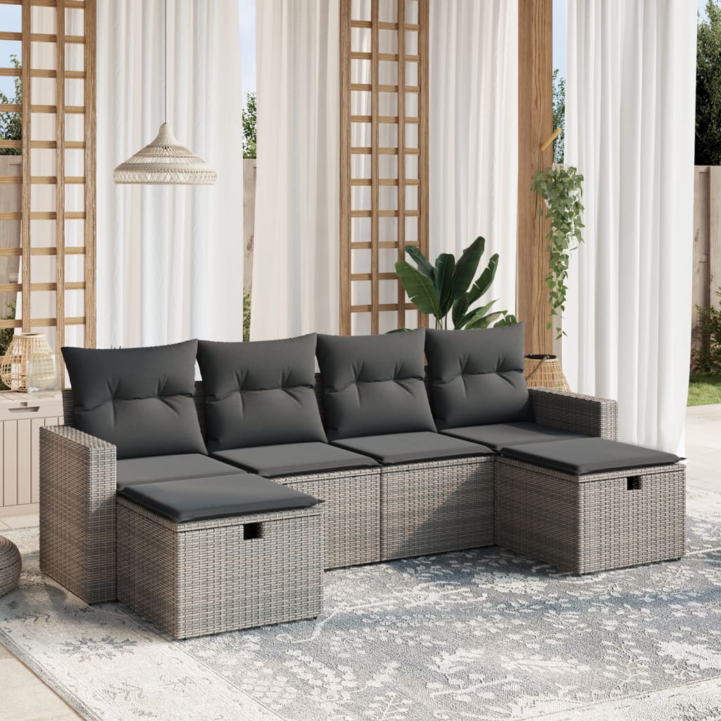 6-tlg. Garten-Sofagarnitur mit Kissen Grau Poly Rattan