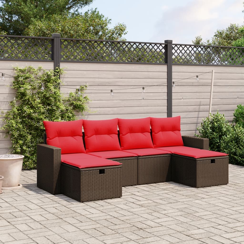 6 Piece Patio Sofa Set with Cushions Brown Poly Rattan