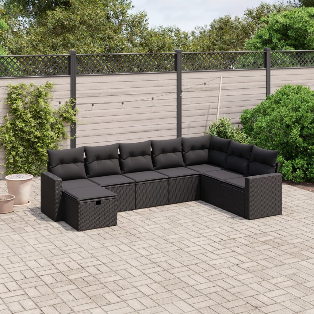 8-tlg. Garten-Sofagarnitur mit Kissen Schwarz Poly Rattan