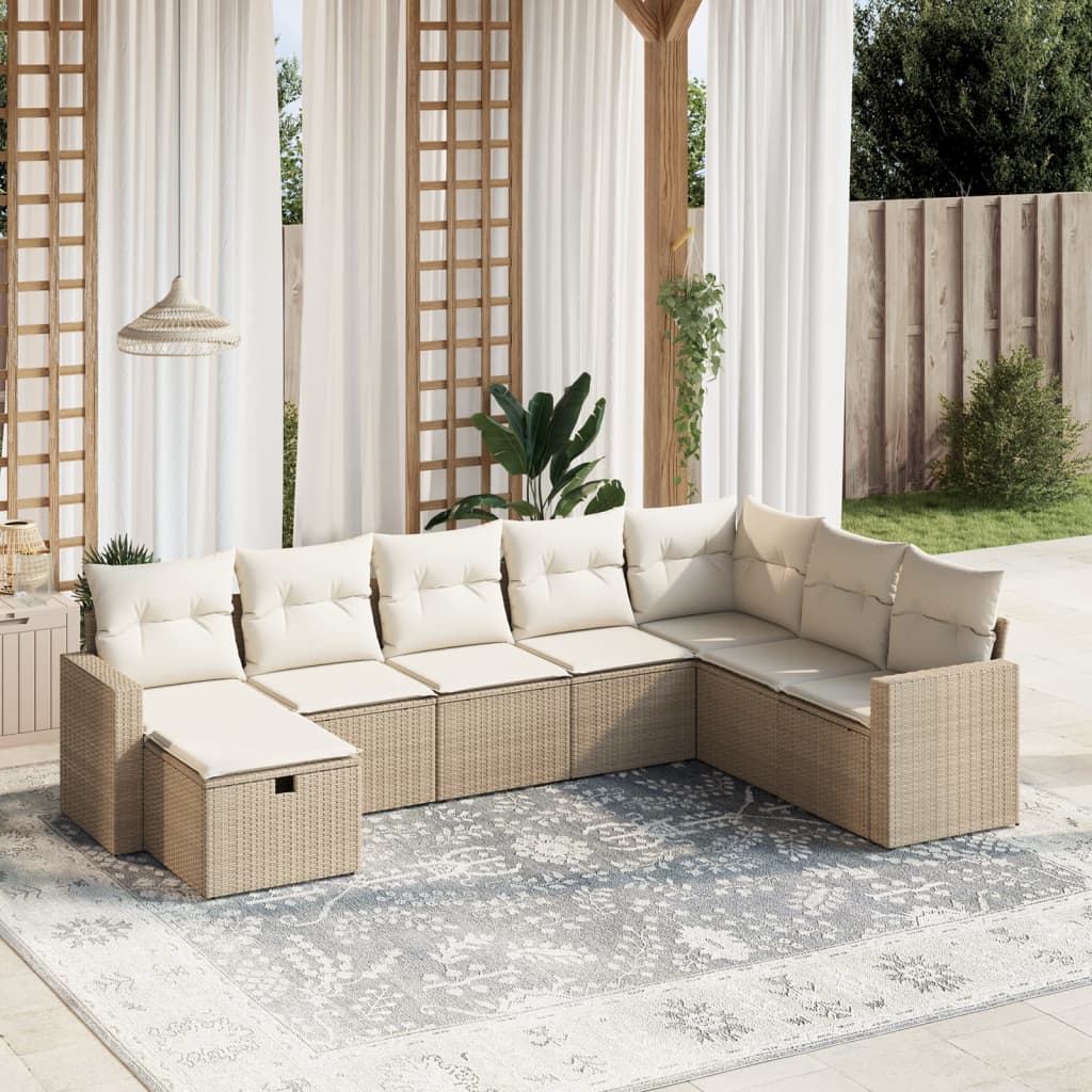 vidaXL 8-tlg. Garten-Sofagarnitur mit Kissen Beige Poly Rattan