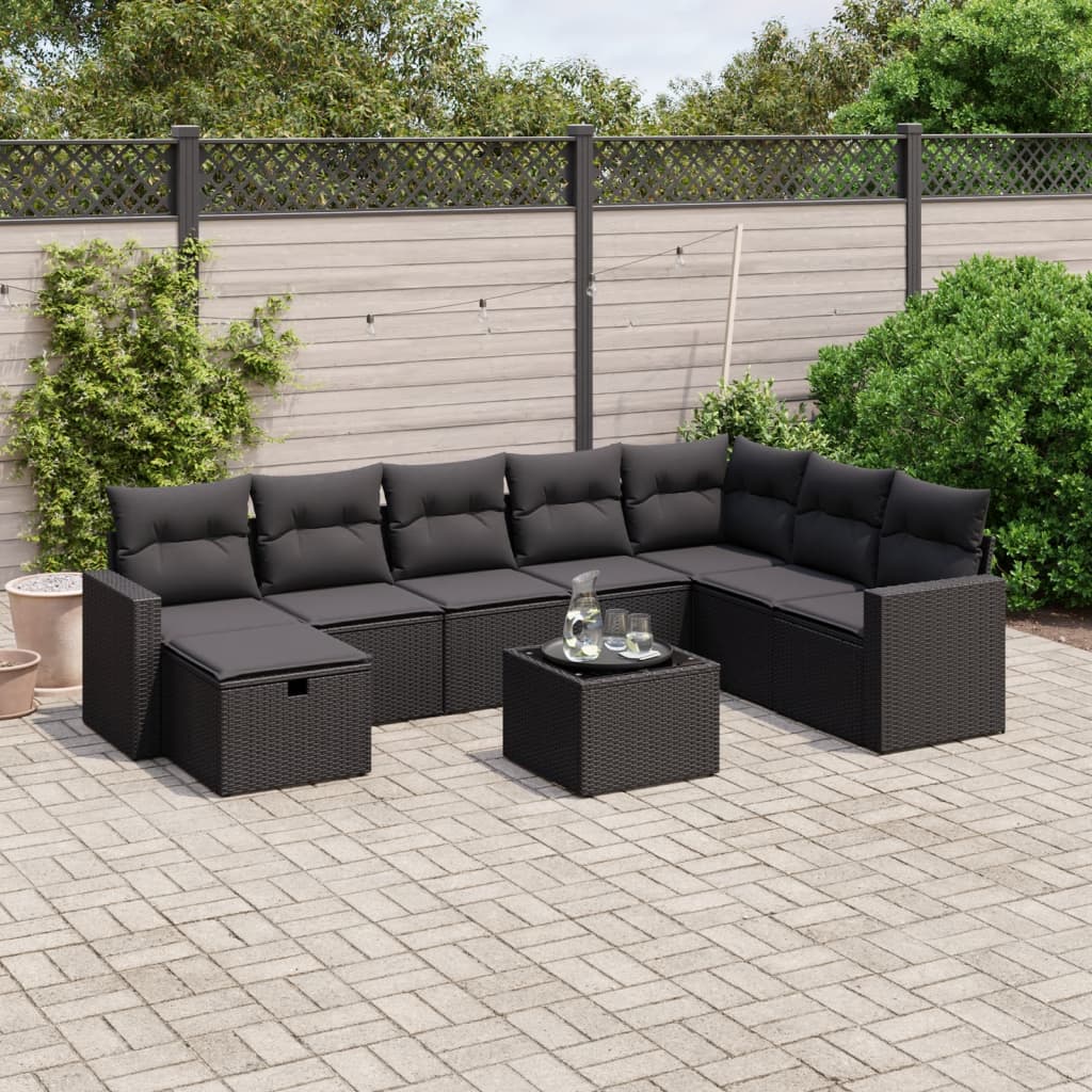 vidaXL 9-tlg. Garten-Sofagarnitur mit Kissen Schwarz Poly Rattan