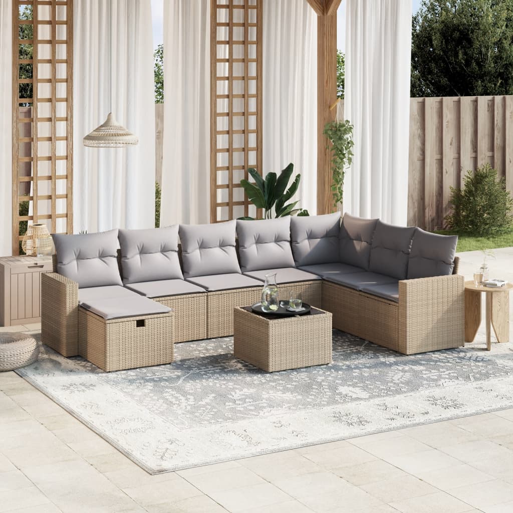 vidaXL 9-tlg. Garten-Sofagarnitur mit Kissen Beige Poly Rattan