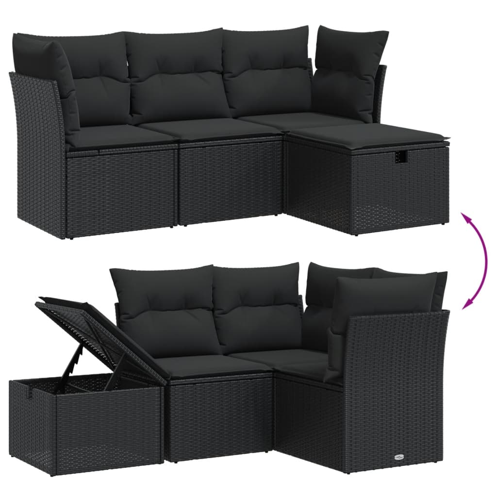 vidaXL 4-delige Loungeset met kussens poly rattan zwart afbeelding