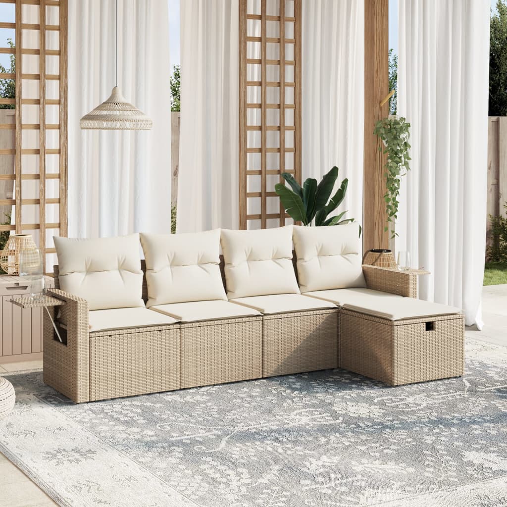 vidaXL 5-tlg. Garten-Sofagarnitur mit Kissen Beige Poly Rattan