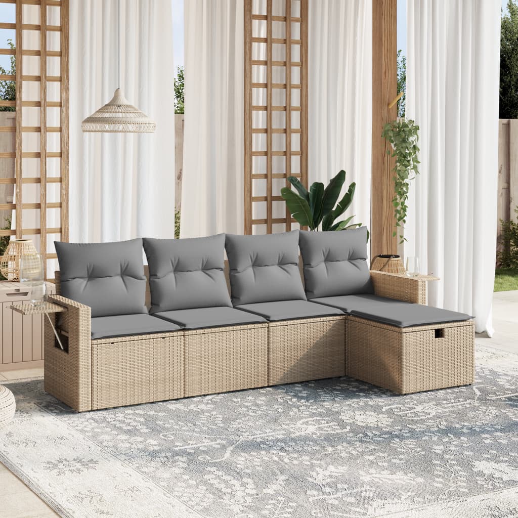 vidaXL 5-tlg. Garten-Sofagarnitur mit Kissen Beige Poly Rattan