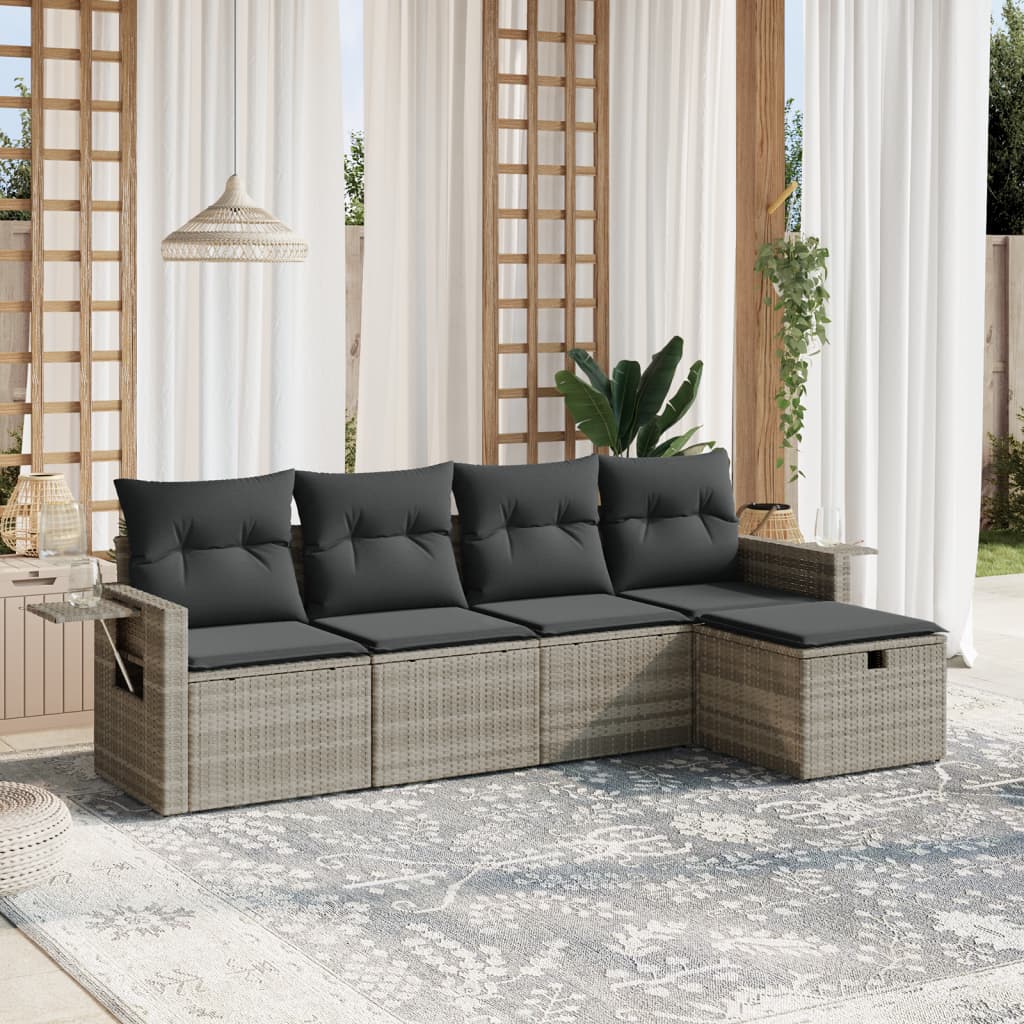 vidaXL 5-tlg. Garten-Sofagarnitur mit Kissen Hellgrau Poly Rattan