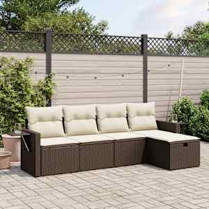 Vrtna sedežna garnitura 5-delna z blazinami rjav poli ratan