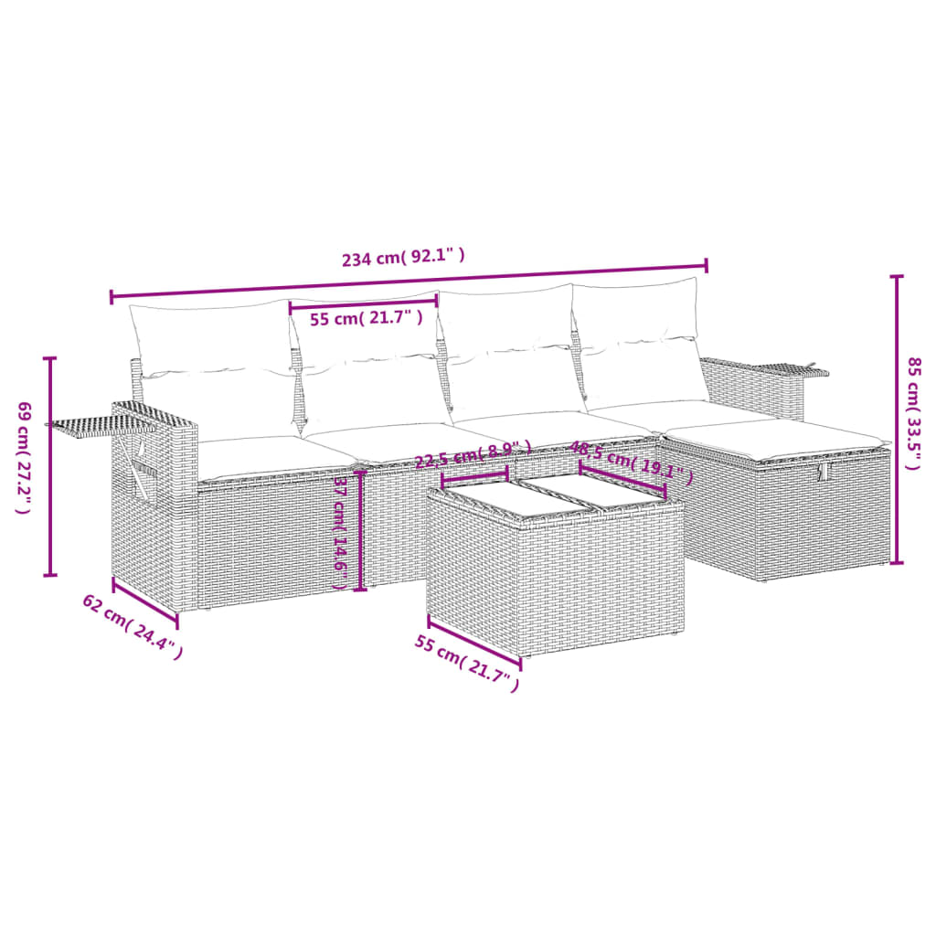 Set mobilier de grădină cu perne, 6 piese, negru, poliratan 3263782 - imagine 4