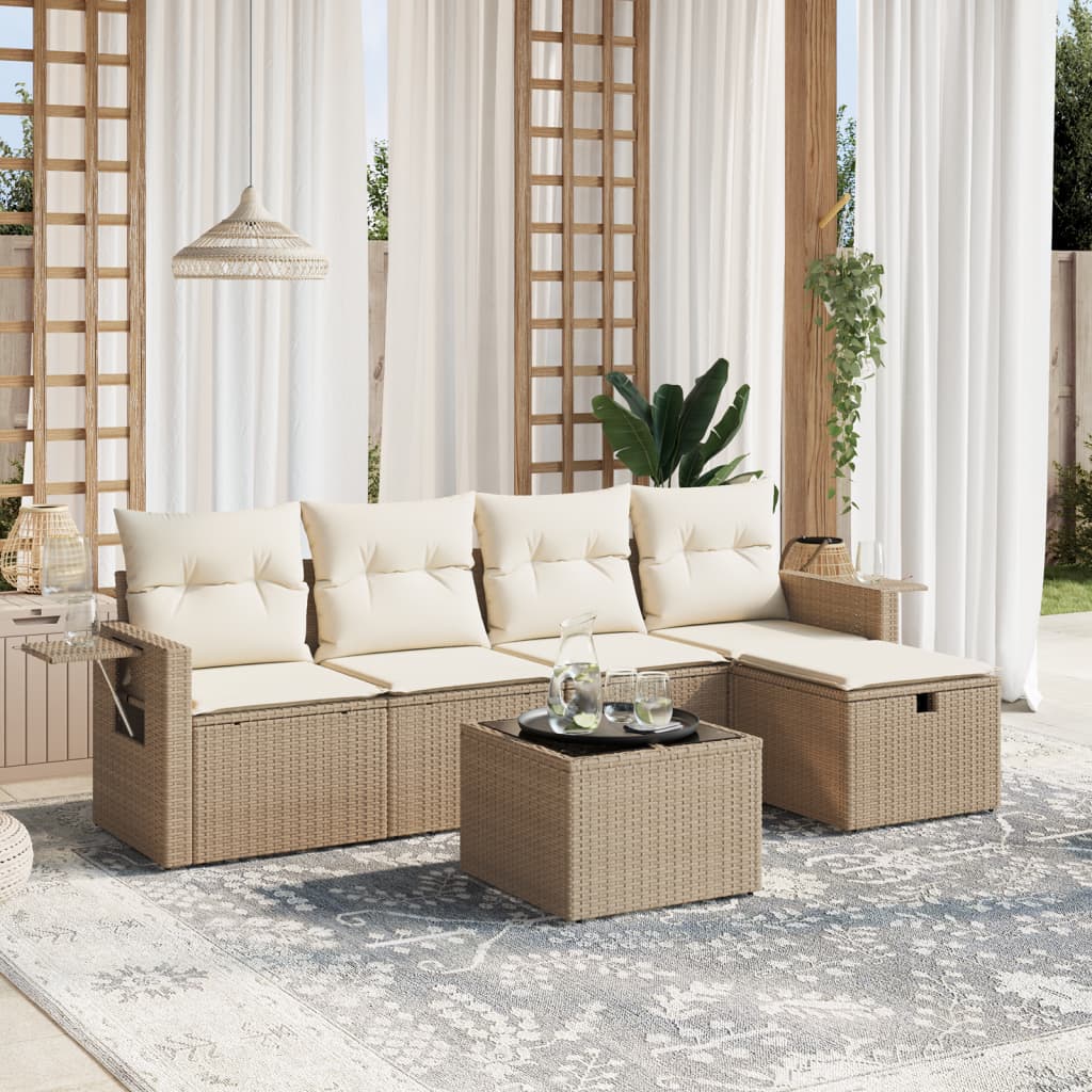 vidaXL 6-tlg. Garten-Sofagarnitur mit Kissen Beige Poly Rattan