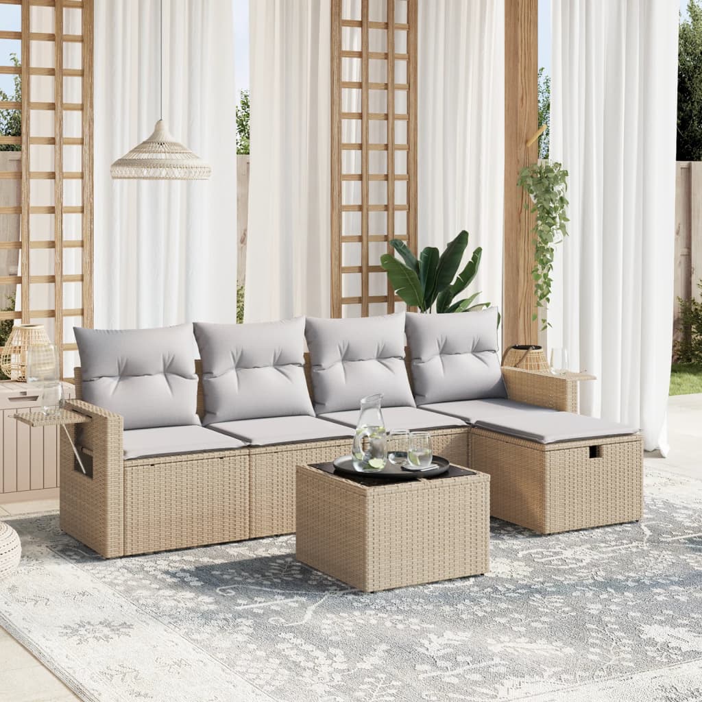 vidaXL 6-tlg. Garten-Sofagarnitur mit Kissen Beige Poly Rattan