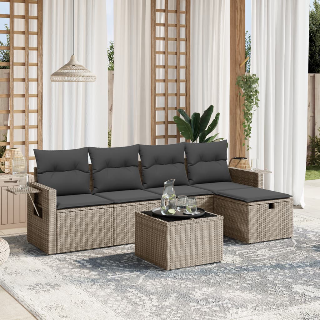 vidaXL 6-tlg. Garten-Sofagarnitur mit Kissen Grau Poly Rattan