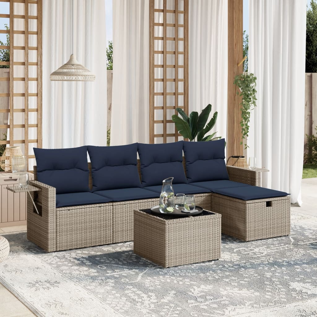 6 Piece Patio Sofa Set with Cushions Gray Poly Rattan