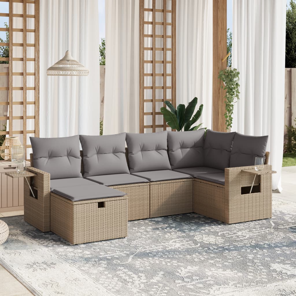 vidaXL 6-tlg. Garten-Sofagarnitur mit Kissen Beige Poly Rattan