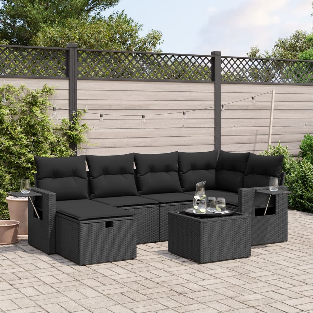 vidaXL 7-tlg. Garten-Sofagarnitur mit Kissen Schwarz Poly Rattan