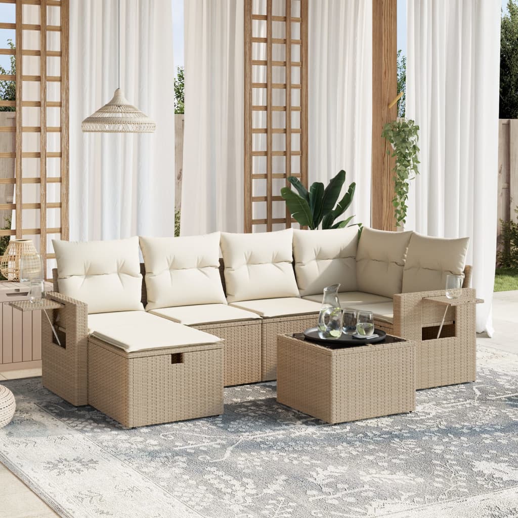 vidaXL 7-tlg. Garten-Sofagarnitur mit Kissen Beige Poly Rattan