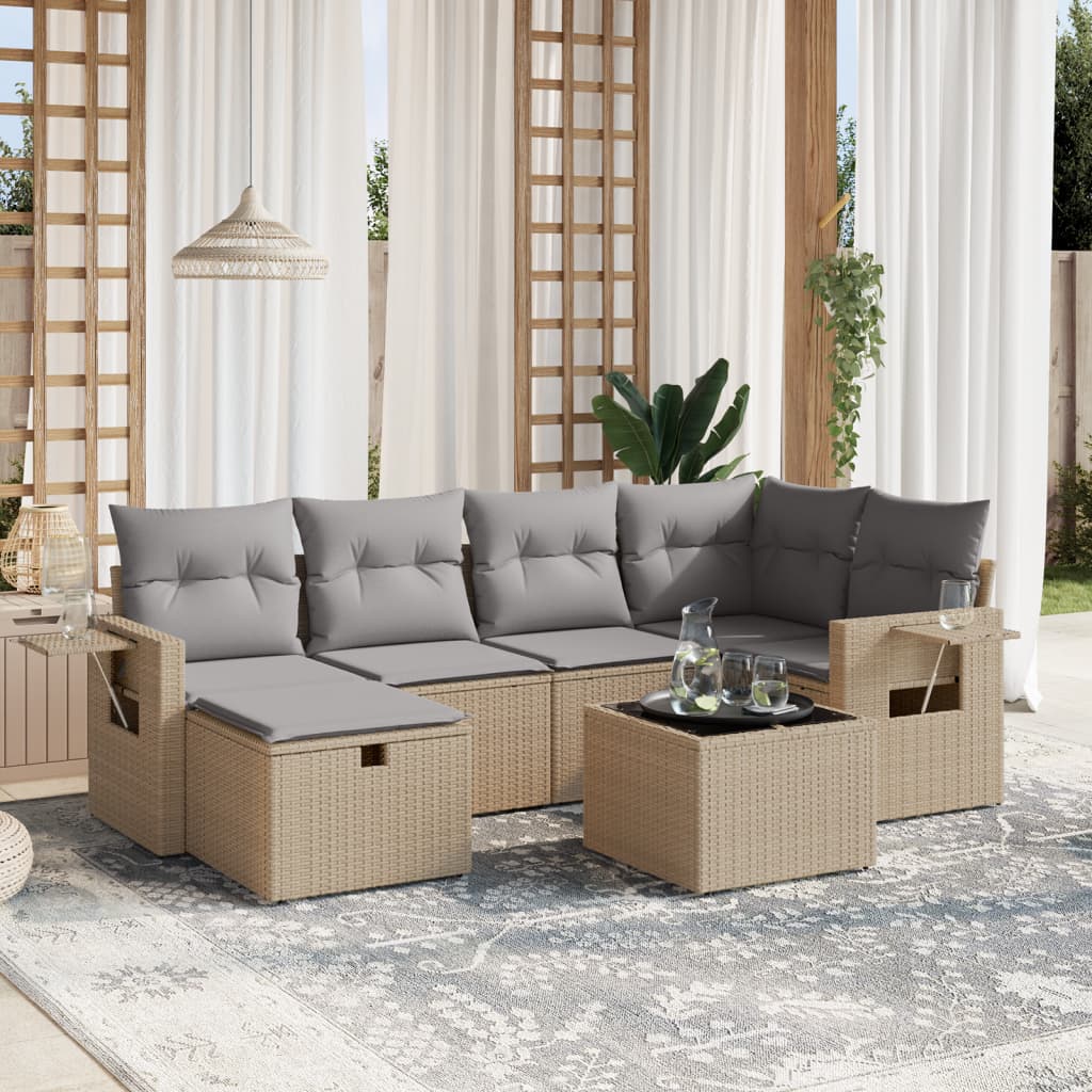 vidaXL 7-tlg. Garten-Sofagarnitur mit Kissen Beige Poly Rattan