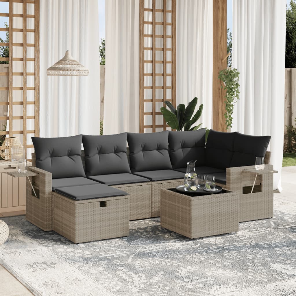 7-tlg. Garten-Sofagarnitur mit Kissen Hellgrau Poly Rattan