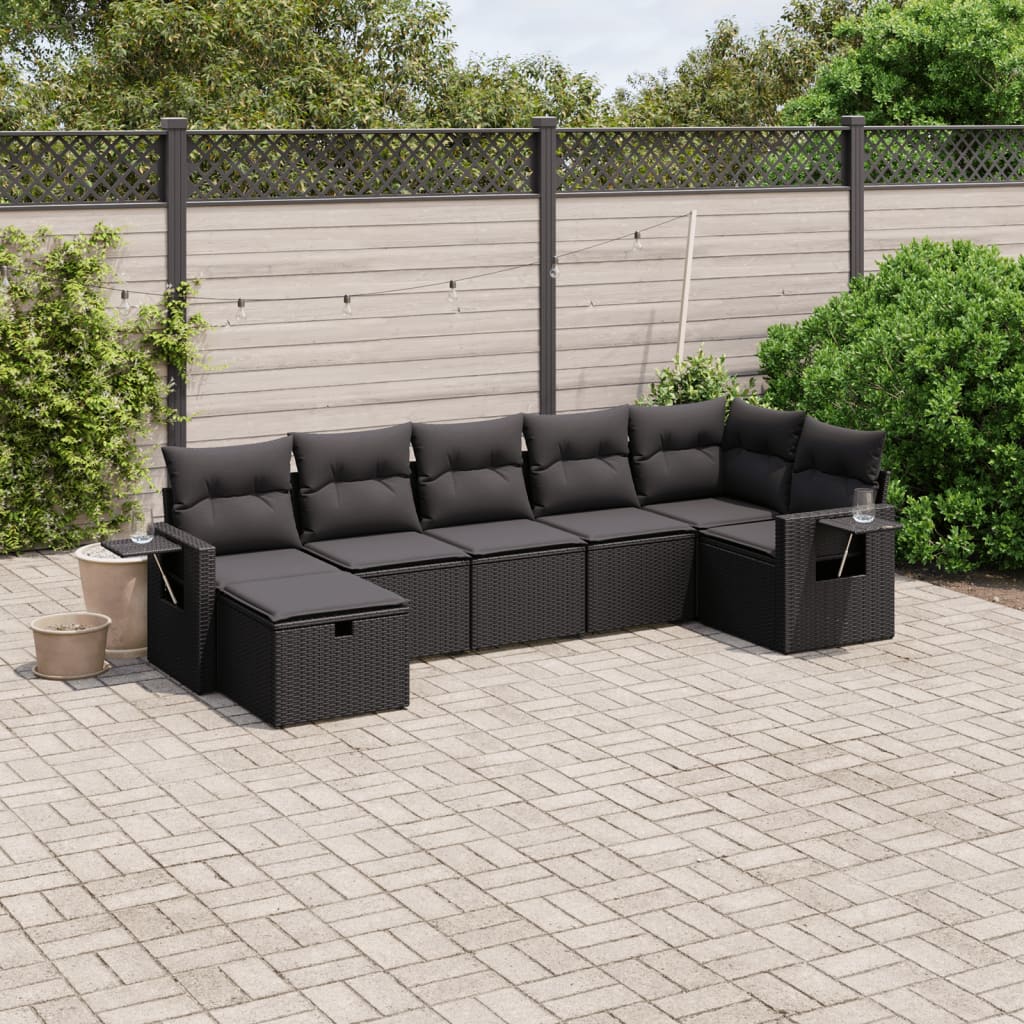 vidaXL 7-tlg. Garten-Sofagarnitur mit Kissen Schwarz Poly Rattan