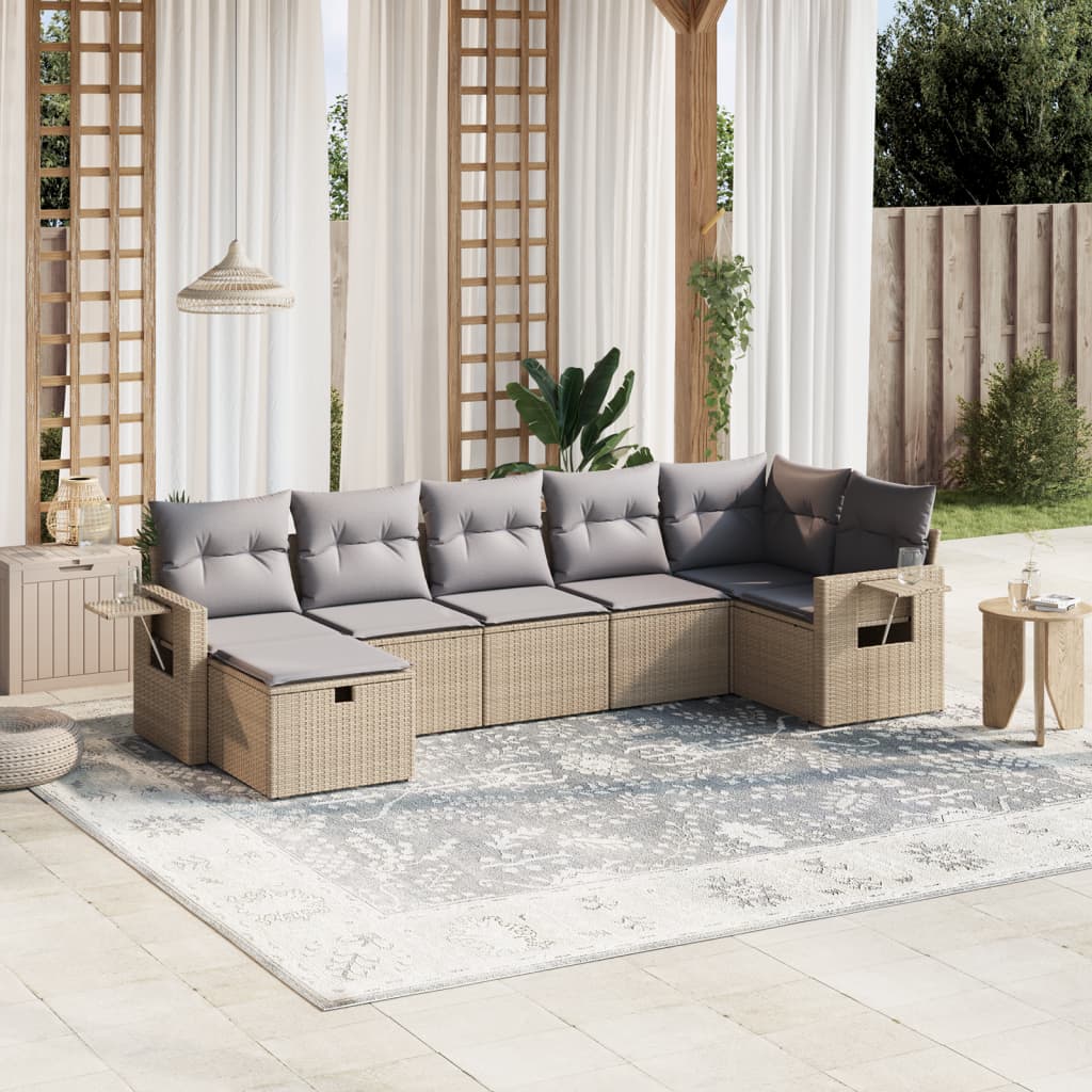 vidaXL 7-tlg. Garten-Sofagarnitur mit Kissen Beige Poly Rattan